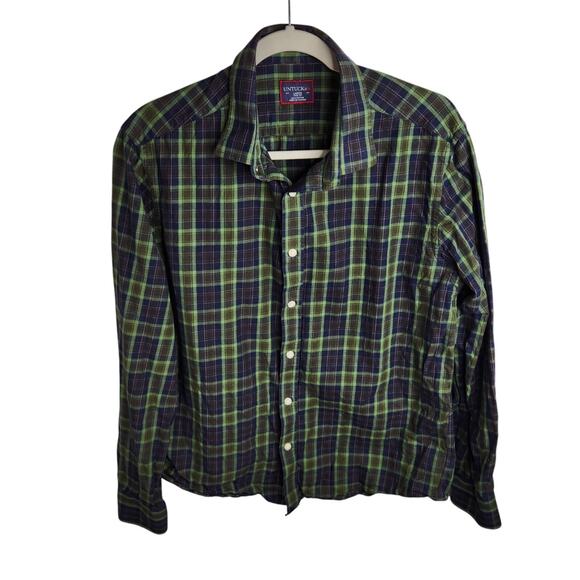 Untuckit Slim Fit Button Up Shirt Mens Size Large Green Blue Plaid Cotton - Picture 1 of 8